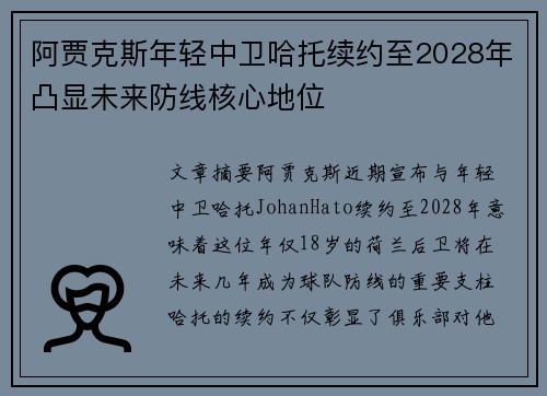 阿贾克斯年轻中卫哈托续约至2028年凸显未来防线核心地位